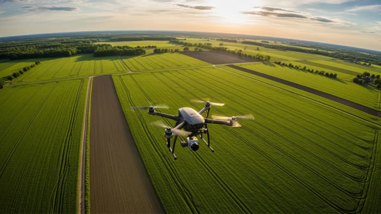 Drone flying over green farmland at sunset