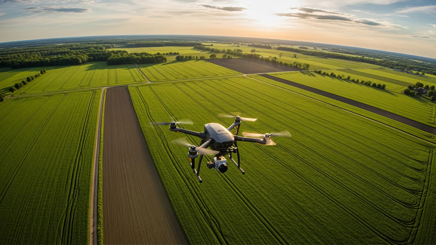 Drone flying over green farmland at sunset